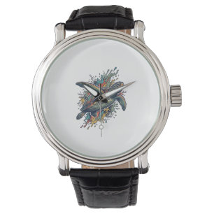 Vintage Engraving Sea Turtle Splash Vector Design_ Watch