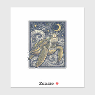 Vintage Engraving Sea Turtle Starry Night