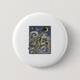 Vintage Engraving Sea Turtle Starry Night 6 Cm Round Badge