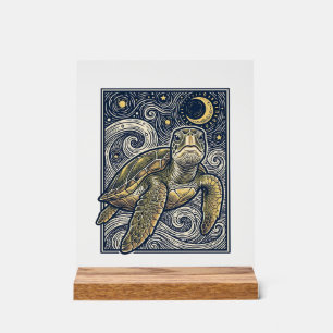 Vintage Engraving Sea Turtle Starry Night Acrylic Sign