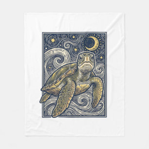 Vintage Engraving Sea Turtle Starry Night Fleece Blanket