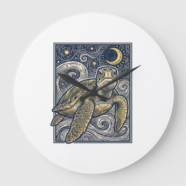 Vintage Engraving Sea Turtle Starry Night Large Clock (Front)