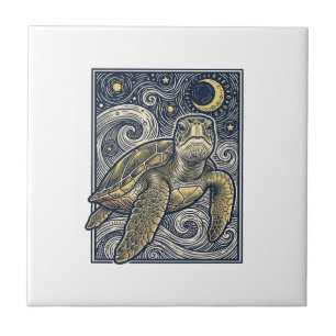 Vintage Engraving Sea Turtle Starry Night Tile