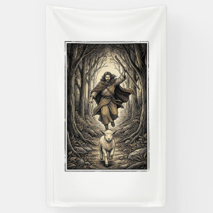 Vintage Engraving Shepherd and Lamb Forest Banner