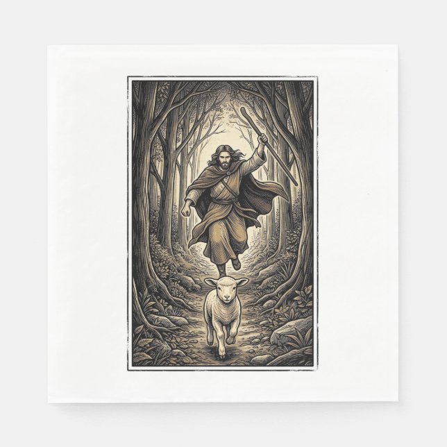 Vintage Engraving Shepherd and Lamb Forest Napkin (Front)