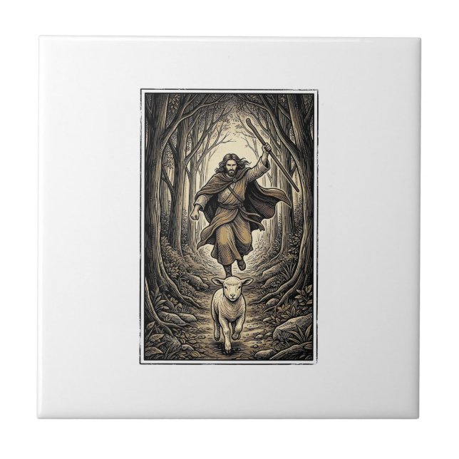 Vintage Engraving Shepherd and Lamb Forest Tile (Front)