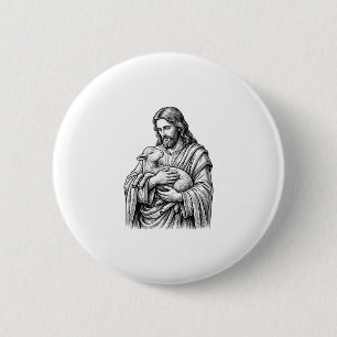 Vintage Engraving Shepherd Holding Lamb Vector Des 6 Cm Round Badge
