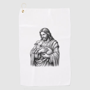 Vintage Engraving Shepherd Holding Lamb Vector Des Golf Towel
