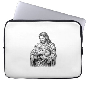 Vintage Engraving Shepherd Holding Lamb Vector Des Laptop Sleeve