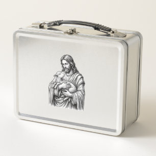 Vintage Engraving Shepherd Holding Lamb Vector Des Metal Lunch Box