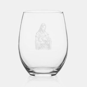 Vintage Engraving Shepherd Holding Lamb Vector Des Stemless Wine Glass