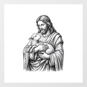 Vintage Engraving Shepherd Holding Lamb Vector Des Window Cling