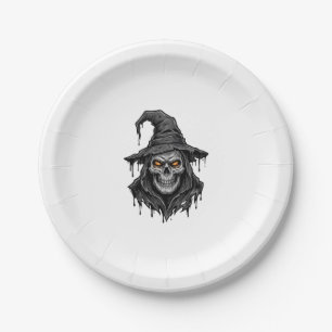 Vintage Engraving Skull Witch Hat Halloween Shirt_ Paper Plate