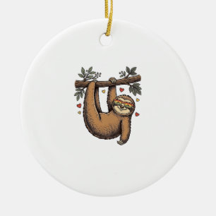 Vintage Engraving Sloth Heart Rainbow Shirt Design Ceramic Tree Decoration