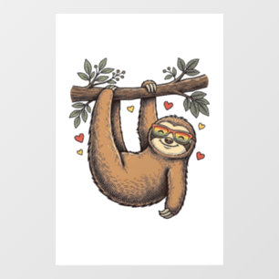 Vintage Engraving Sloth Heart Rainbow Shirt Design Window Cling