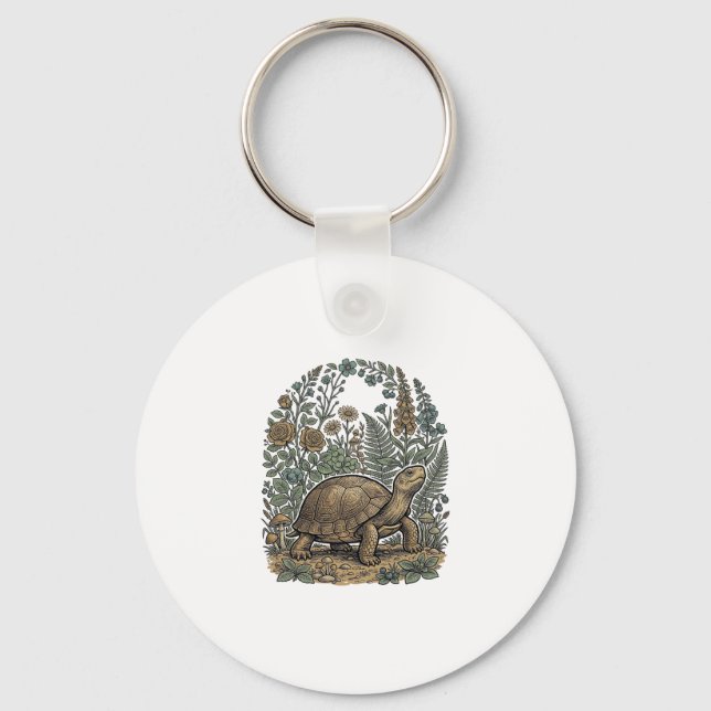 Vintage Engraving Turtle Botanical Garden Key Ring (Front)
