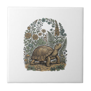 Vintage Engraving Turtle Botanical Garden Tile