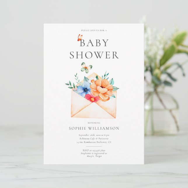 Vintage Envelope With Flowers Baby Shower  Invitation (Standing Front)