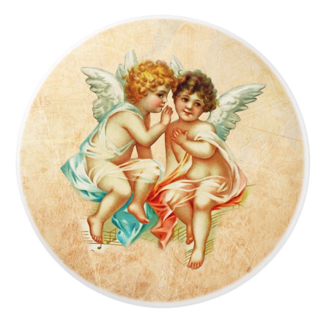 Vintage Ephemera Angel Cherubs Illustration Ceramic Knob (Front)