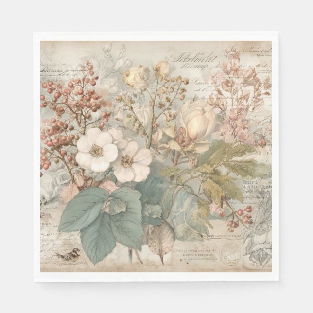 Vintage Ephemera Botanical Collage Napkin (Front)
