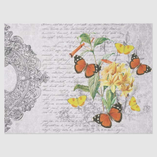 Vintage Ephemera Butterflies Floral Decoupage Tissue Paper (Front)