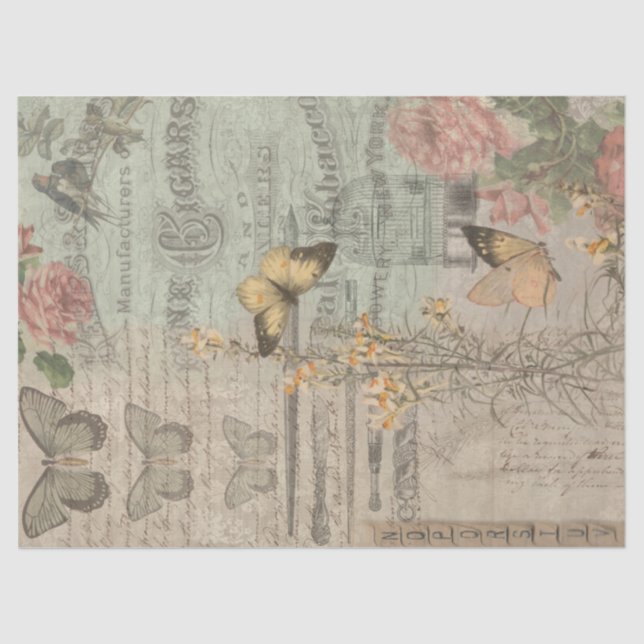 Vintage Ephemera & Butterfly Shabby Chic Decoupage Tissue Paper (Front)