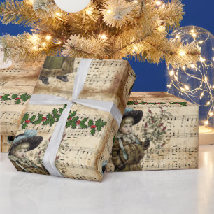 Vintage Ephemera Deck the Hall Christmas Carol  Wrapping Paper