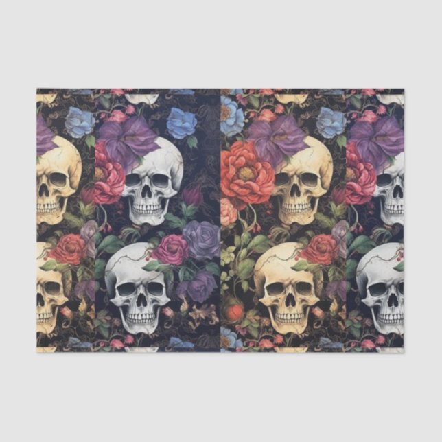 Vintage Ephemera Decoupage Skulls and Flowers Tissue Paper (Front)