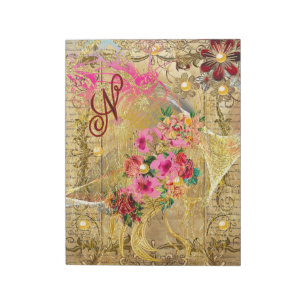 Vintage Ephemera Pink Floral Gold Pearls Monogram Notepad