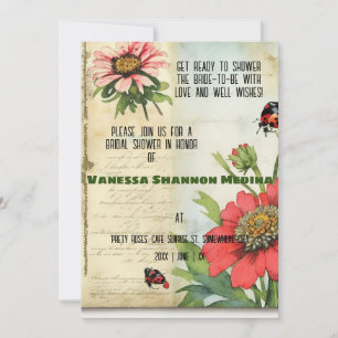 Vintage Ephemera Red Zinnias Bridal Shower Invitation