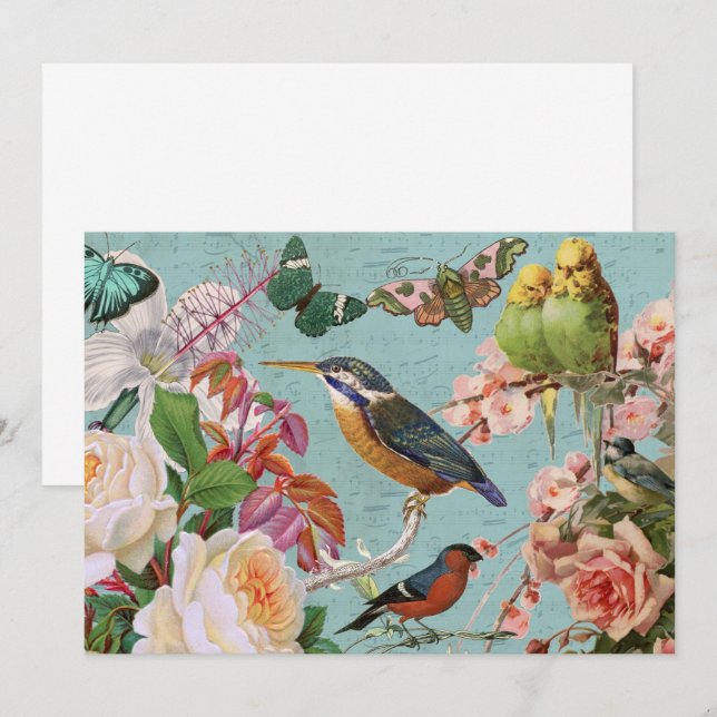 Vintage Ephemera Roses Butterflies & Birds Collage Card (Front/Back)