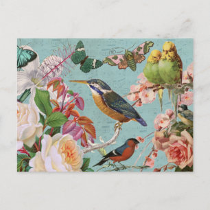 Vintage Ephemera Roses Butterflies & Birds Collage Postcard