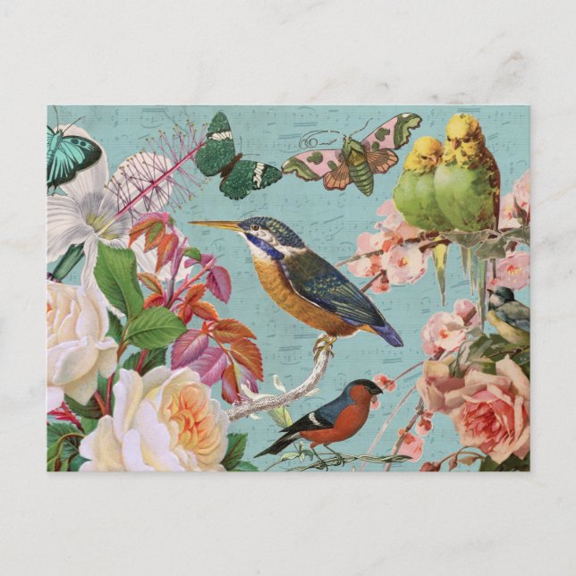 Vintage Ephemera Roses Butterflies & Birds Collage Postcard (Front)