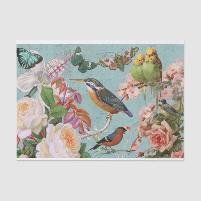 Vintage Ephemera Roses Butterflies & Birds Collage Tissue Paper (Front)