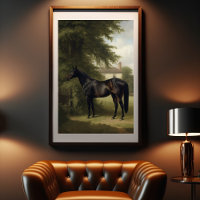 Vintage Equestrian Black Hunter Horse Painting