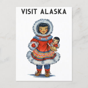 Vintage Eskimo Visit Alaska Travel Postcard