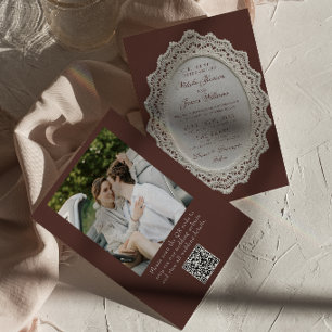 Vintage Espresso Lace Doily QR Code Photo Wedding Invitation
