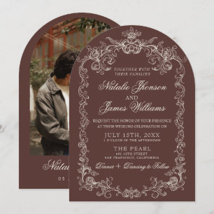 Vintage Espresso Old Money Photo Arched Wedding Invitation