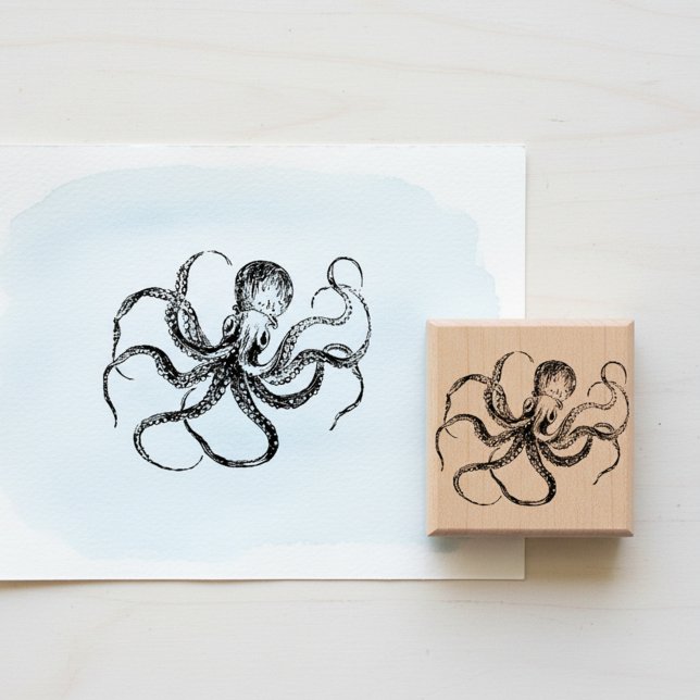 Vintage Etched Octopus Wooden Art Stamp (Etched vintage octopus wooden art stamp. )