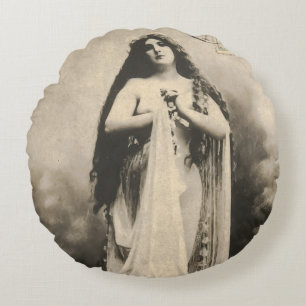 Vintage Ethereal Goddess Postcard Round Cushion