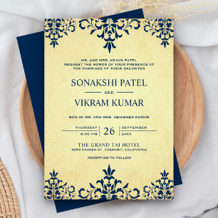 Vintage Ethnic Blue Damask Indian Wedding Invitation