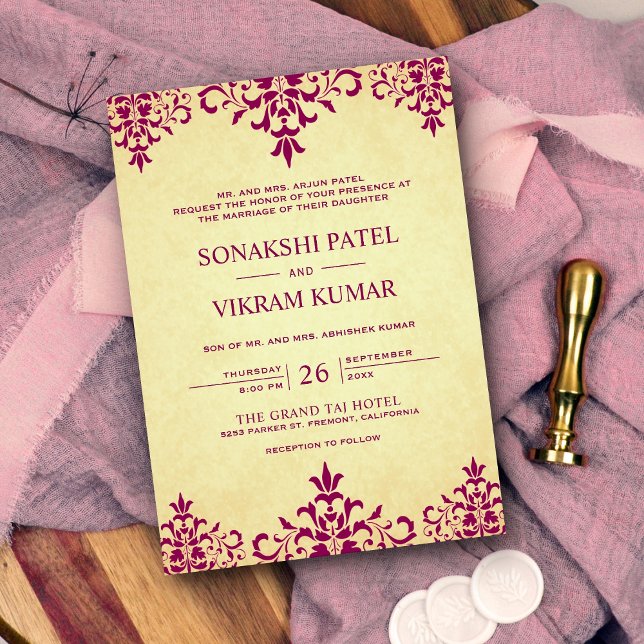 Vintage Ethnic Pink Damask Indian Wedding Invitation (Creator Uploaded)