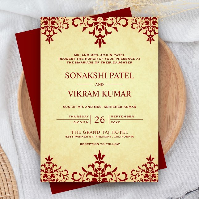 Vintage Ethnic Red Damask Indian Wedding Invitation (Creator Uploaded)