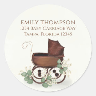 Vintage Eucalyptus Baby Carriage Return Address Classic Round Sticker