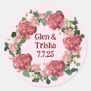 Vintage Eucalyptus Peony Floral Wreath Wedding Classic Round Sticker
