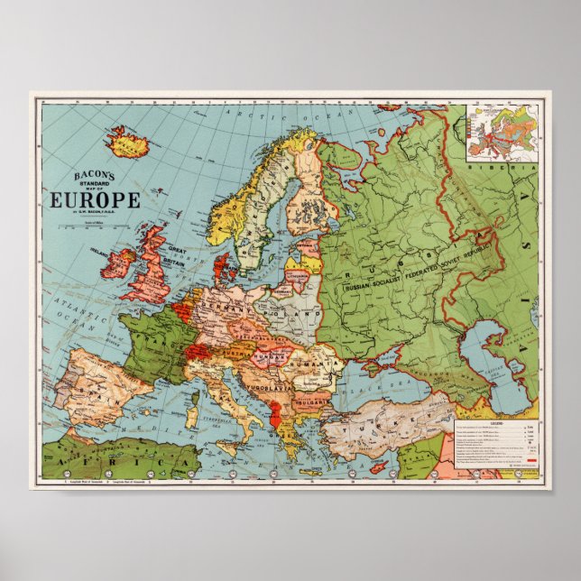 Vintage Europe 20th Century Bacon's Standard Map Poster (Front)