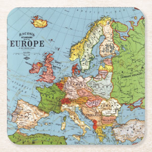 Vintage Europe 20th Century General Map Lithograph Square Paper Coaster