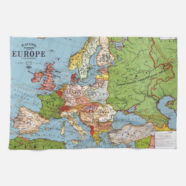 Vintage Europe 20th Century General Map Tea Towel (Horizontal)