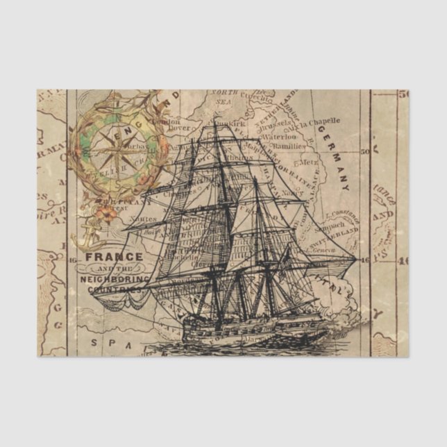 Vintage Europe Old Navigation Nautical Map Tissue Paper (Front)