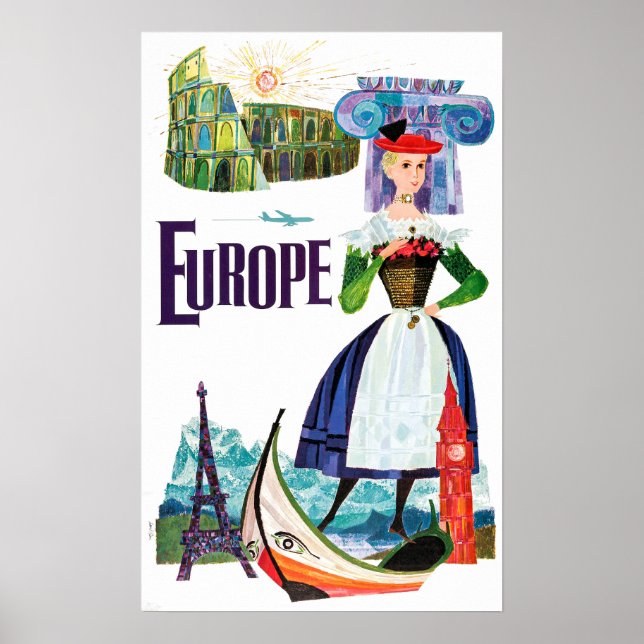 Vintage Europe Travel Paris Venice, Rome, Greece Poster (Front)